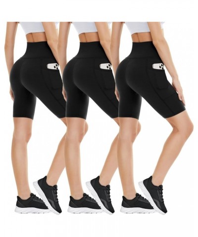 3 Pack Biker Shorts with Pockets for Women – High Waisted Tummy Control Workout Spandex Shorts for Gym Yoga 8 inch Black/Blac...