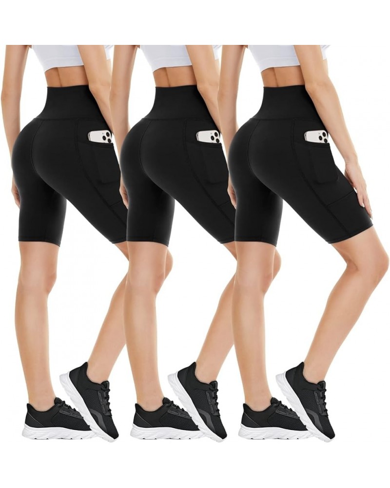 3 Pack Biker Shorts with Pockets for Women – High Waisted Tummy Control Workout Spandex Shorts for Gym Yoga 8 inch Black/Blac...