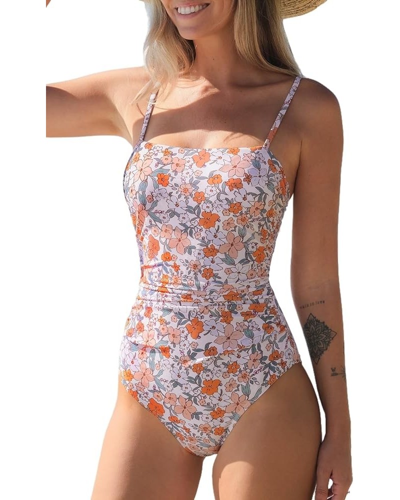 Women Swimsuit One Piece Bathing Suit Square Neck Cutout Back Tummy Control with Adjustable Spaghetti Straps Cantaloupe Orang...