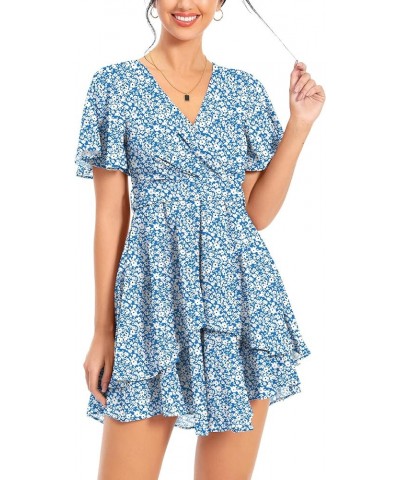 Women's Summer Dress Deep V Neck Short Sleeve Waist Tie Ruffle Mini Swing Skater Dresses B9-floral Blue $16.80 Swimsuits