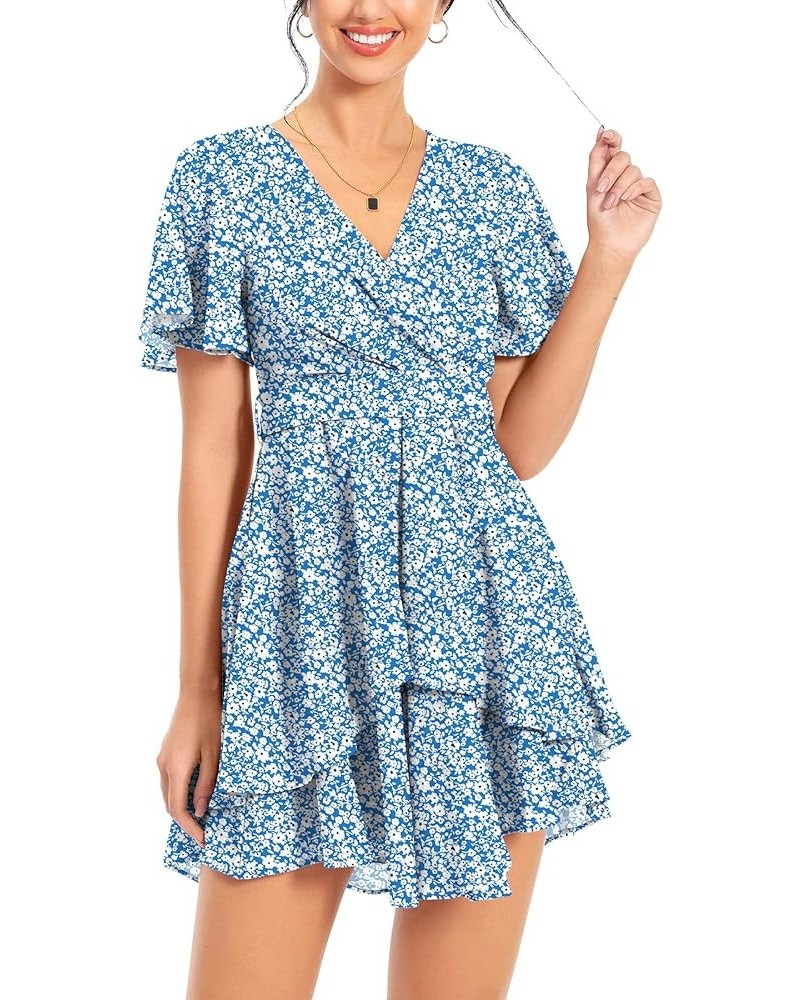 Women's Summer Dress Deep V Neck Short Sleeve Waist Tie Ruffle Mini Swing Skater Dresses B9-floral Blue $16.80 Swimsuits