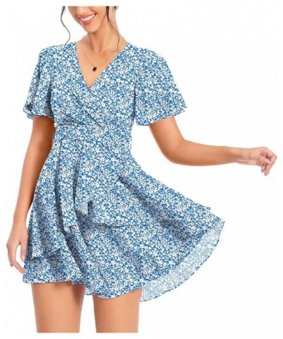 Women's Summer Dress Deep V Neck Short Sleeve Waist Tie Ruffle Mini Swing Skater Dresses B9-floral Blue $16.80 Swimsuits