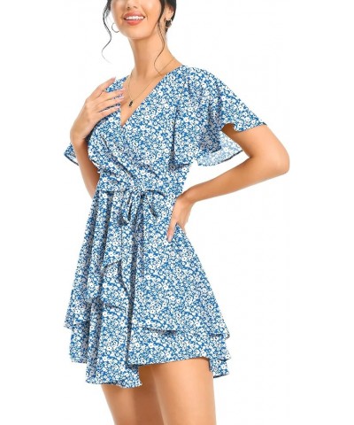 Women's Summer Dress Deep V Neck Short Sleeve Waist Tie Ruffle Mini Swing Skater Dresses B9-floral Blue $16.80 Swimsuits