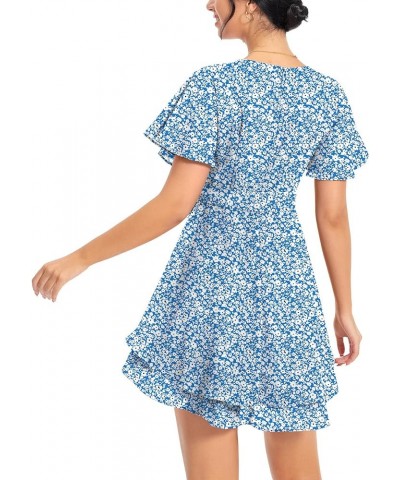 Women's Summer Dress Deep V Neck Short Sleeve Waist Tie Ruffle Mini Swing Skater Dresses B9-floral Blue $16.80 Swimsuits