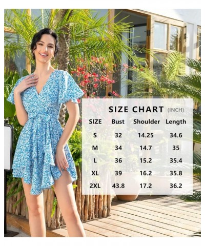 Women's Summer Dress Deep V Neck Short Sleeve Waist Tie Ruffle Mini Swing Skater Dresses B9-floral Blue $16.80 Swimsuits