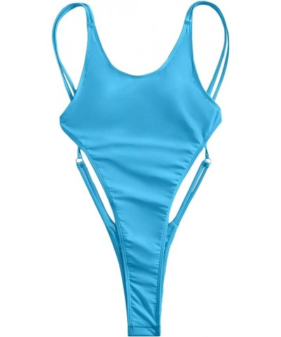 Women's Criss Cross Backless Bathing Suit Cut Out Scoop Neck One Piece Swimsuit Blue Solid $17.02 Swimsuits