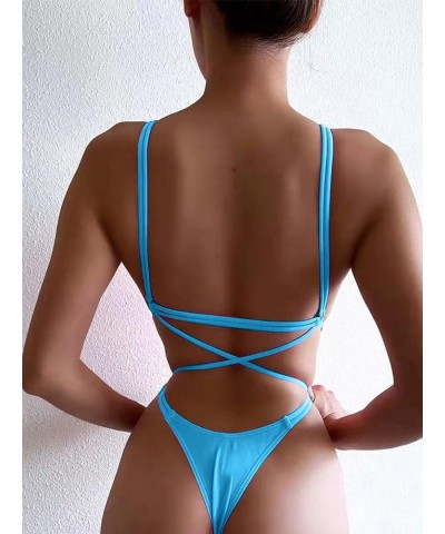 Women's Criss Cross Backless Bathing Suit Cut Out Scoop Neck One Piece Swimsuit Blue Solid $17.02 Swimsuits