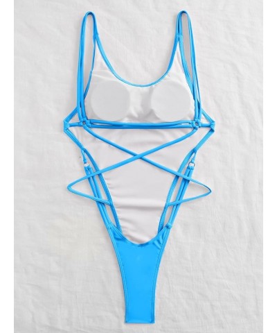 Women's Criss Cross Backless Bathing Suit Cut Out Scoop Neck One Piece Swimsuit Blue Solid $17.02 Swimsuits