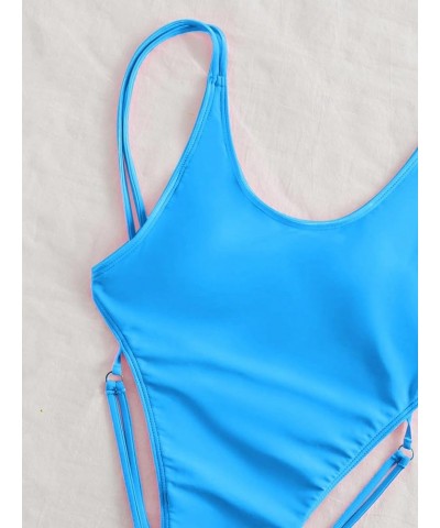 Women's Criss Cross Backless Bathing Suit Cut Out Scoop Neck One Piece Swimsuit Blue Solid $17.02 Swimsuits