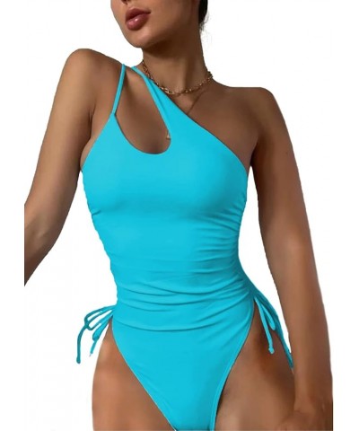 Sexy One Shoulder Tummy Control Ruched Swimsuit High Cut Brazilian Bathing Suit 1 Piece Light Blue $11.27 Swimsuits