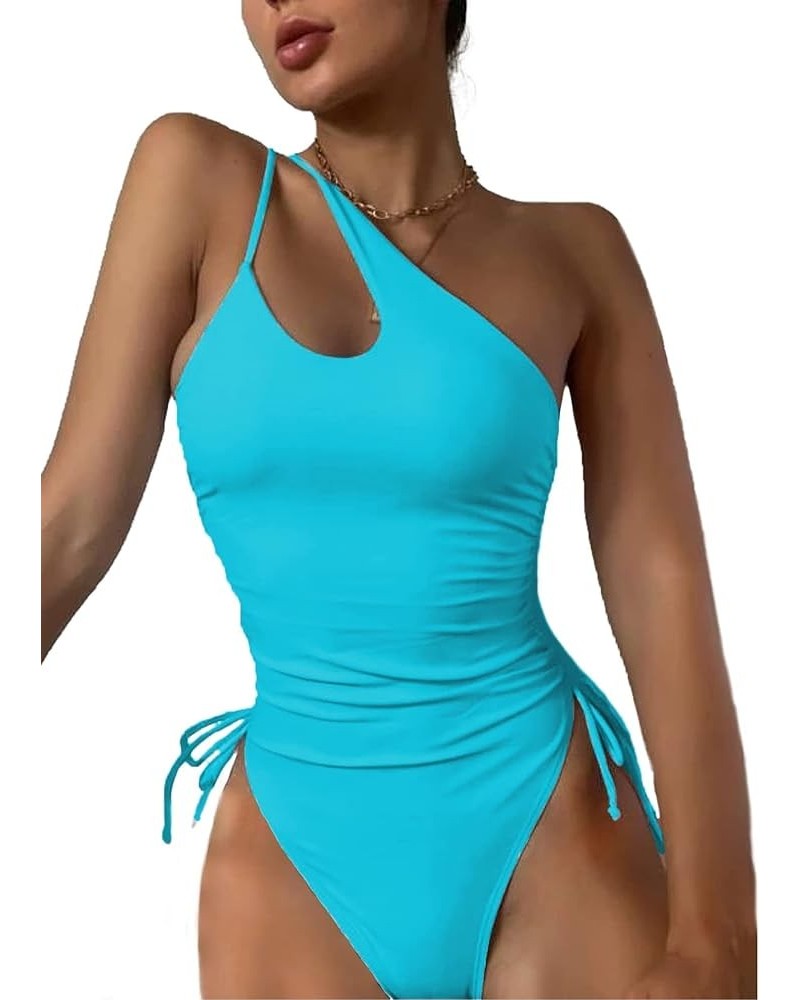 Sexy One Shoulder Tummy Control Ruched Swimsuit High Cut Brazilian Bathing Suit 1 Piece Light Blue $11.27 Swimsuits