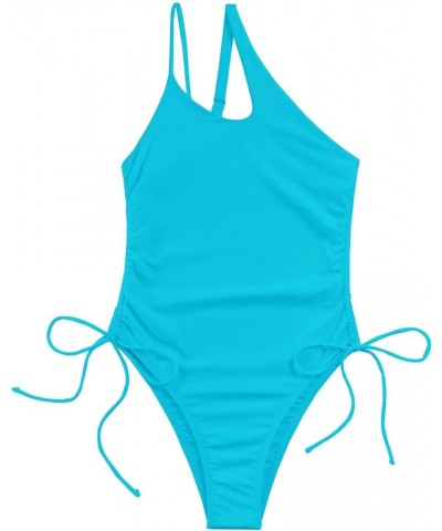 Sexy One Shoulder Tummy Control Ruched Swimsuit High Cut Brazilian Bathing Suit 1 Piece Light Blue $11.27 Swimsuits