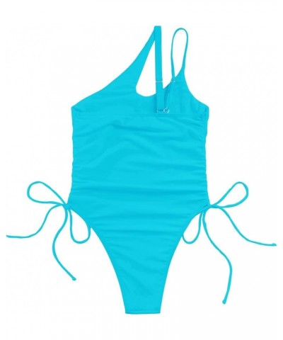 Sexy One Shoulder Tummy Control Ruched Swimsuit High Cut Brazilian Bathing Suit 1 Piece Light Blue $11.27 Swimsuits