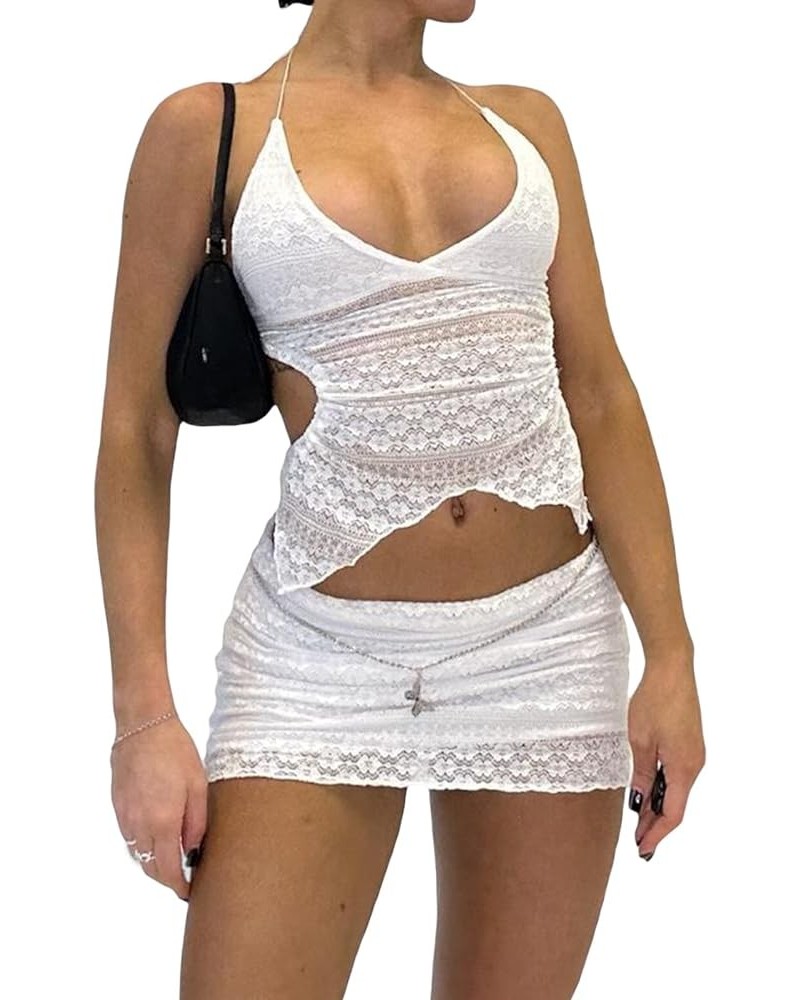 Women Sexy 2 Piece Skirt Outfit Set Y2K Fairy Grunge Backless Halter Crop Top+Skirt Summer Club Party Short Dress G White $9....