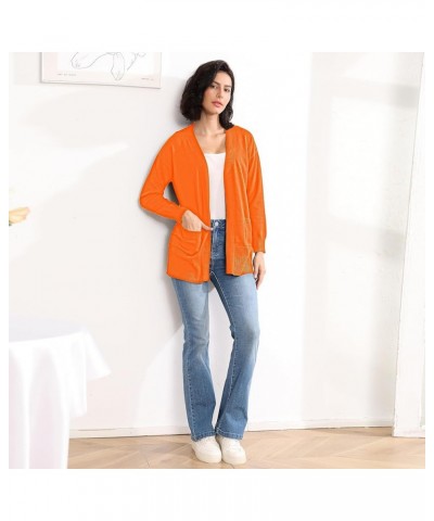 Women's Open Front Cardigan with Pockets Long Sleeve Solid Color Lightweight Knit Sweater Orange $21.65 Sweaters