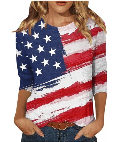 Womens American Flag Patriotic 3/4 Sleeve Shirt 4Th of July Independence Day Crewneck Cute Festival Tops 13-white $9.68 T-Shirts