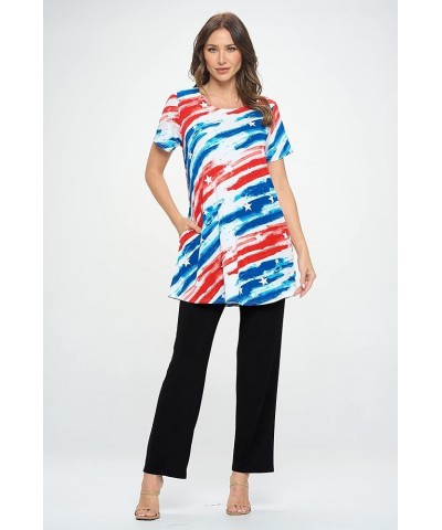 Women's Casual Tunic Top - Short Sleeve Round Neck Print and Solid Soft T Shirt with Pockets W384 Multi $25.50 Tops