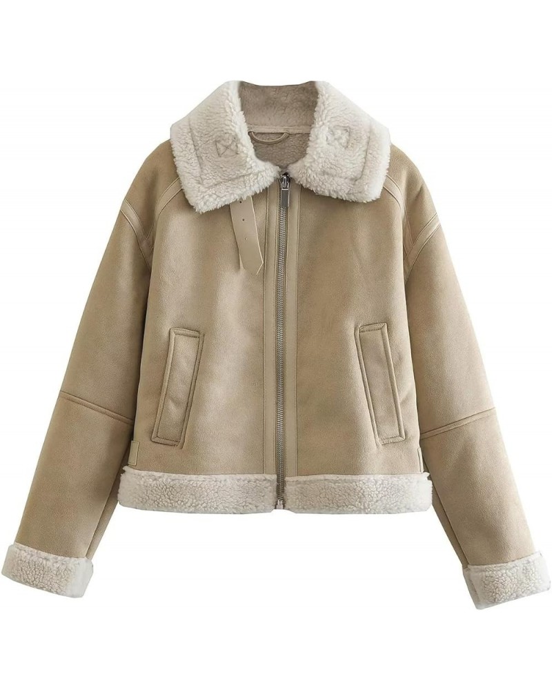 Fall Fall Women's Fur Crop Jacket with Fleece Lining and Fur Collar Fashion (Color : KHAKI, Size : L) X-Small Khaki $33.62 Coats