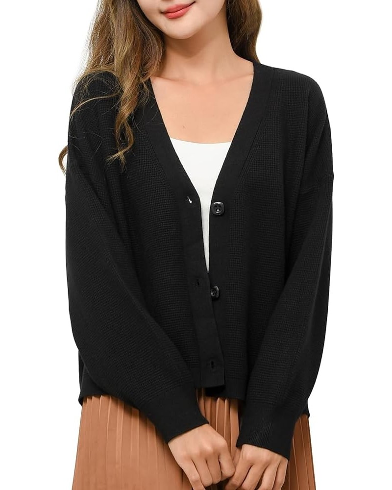 Women's Long Sleeve Cardigan V Neck Open Front Button Sweaters Fall Winter Causal Drop Shoulder Knit Outwear Black $12.89 Swe...