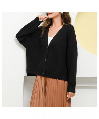 Women's Long Sleeve Cardigan V Neck Open Front Button Sweaters Fall Winter Causal Drop Shoulder Knit Outwear Black $12.89 Swe...