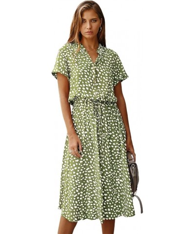 Women's Button Front Drawstring High Waist Short Sleeve A Line Midi Dress Green $11.07 Dresses