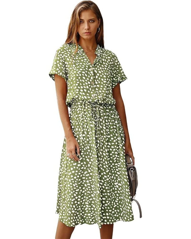 Women's Button Front Drawstring High Waist Short Sleeve A Line Midi Dress Green $11.07 Dresses