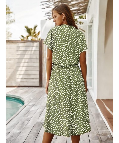 Women's Button Front Drawstring High Waist Short Sleeve A Line Midi Dress Green $11.07 Dresses