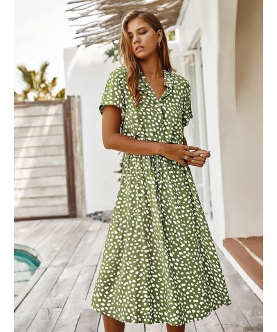 Women's Button Front Drawstring High Waist Short Sleeve A Line Midi Dress Green $11.07 Dresses