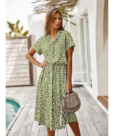 Women's Button Front Drawstring High Waist Short Sleeve A Line Midi Dress Green $11.07 Dresses