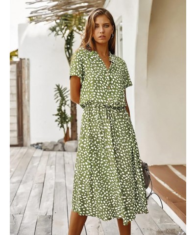 Women's Button Front Drawstring High Waist Short Sleeve A Line Midi Dress Green $11.07 Dresses