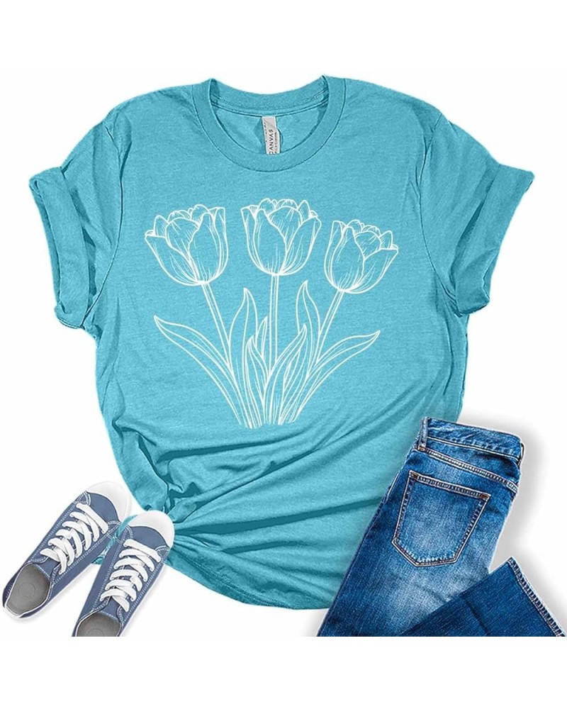 Womens Tulip Shirts Casual Ladies Cute Floral Graphic Tees Spring Short Sleeve T Shirts Plus Size Summer Tops for Women Tulip...