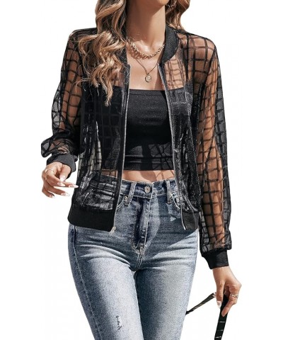 Women's Plaid Zip Up Bomber Jacket Sheer Mesh Baseball Collar Long Sleeve Outwear Black $20.64 Jackets