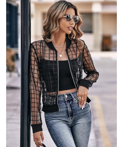 Women's Plaid Zip Up Bomber Jacket Sheer Mesh Baseball Collar Long Sleeve Outwear Black $20.64 Jackets