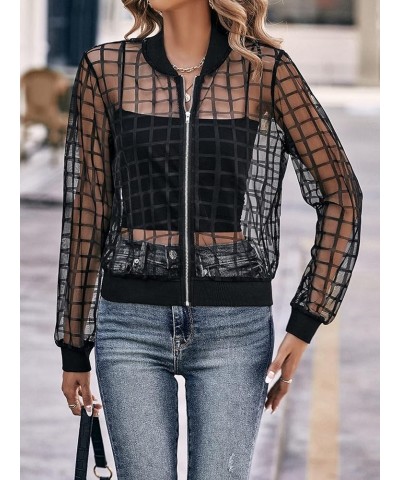 Women's Plaid Zip Up Bomber Jacket Sheer Mesh Baseball Collar Long Sleeve Outwear Black $20.64 Jackets