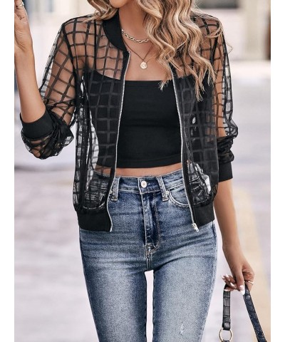 Women's Plaid Zip Up Bomber Jacket Sheer Mesh Baseball Collar Long Sleeve Outwear Black $20.64 Jackets