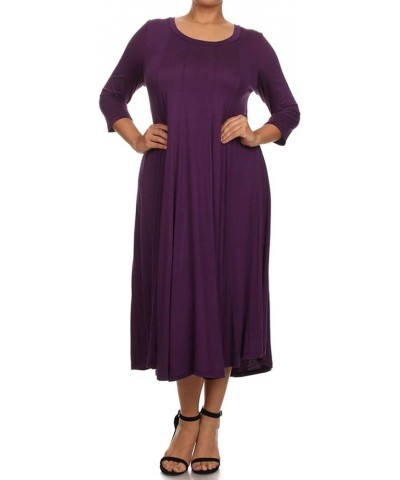 Women's Plus Size Casual Comfy Solid Print 3/4 Sleeve A-line Midi Dress/Made in USA Mdr00204 Purple $13.17 Dresses