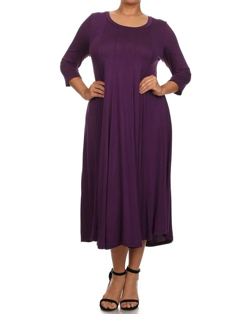 Women's Plus Size Casual Comfy Solid Print 3/4 Sleeve A-line Midi Dress/Made in USA Mdr00204 Purple $13.17 Dresses