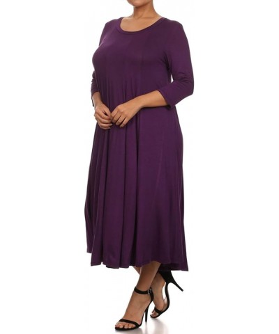 Women's Plus Size Casual Comfy Solid Print 3/4 Sleeve A-line Midi Dress/Made in USA Mdr00204 Purple $13.17 Dresses