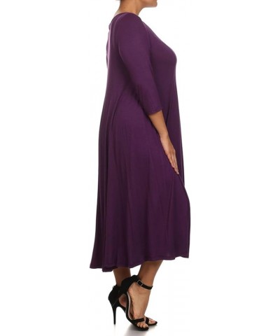 Women's Plus Size Casual Comfy Solid Print 3/4 Sleeve A-line Midi Dress/Made in USA Mdr00204 Purple $13.17 Dresses