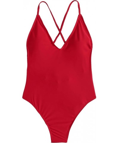 Women's Sexy Bathing Suits Solid Color Criss Cross Open Back One Piece Swimwear Red $12.04 Swimsuits