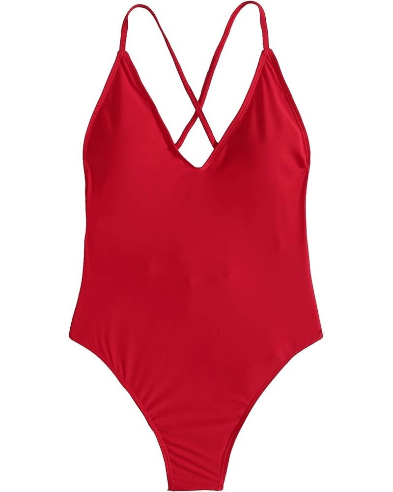 Women's Sexy Bathing Suits Solid Color Criss Cross Open Back One Piece Swimwear Red $12.04 Swimsuits