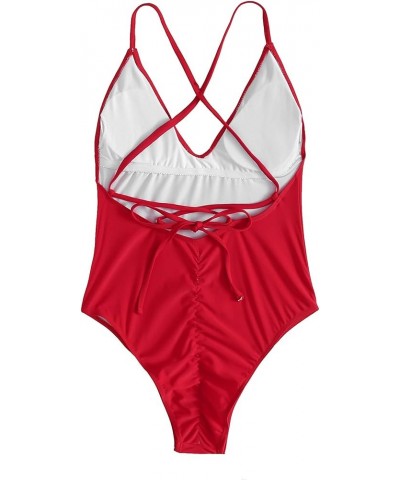 Women's Sexy Bathing Suits Solid Color Criss Cross Open Back One Piece Swimwear Red $12.04 Swimsuits