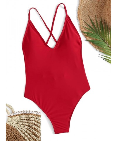 Women's Sexy Bathing Suits Solid Color Criss Cross Open Back One Piece Swimwear Red $12.04 Swimsuits