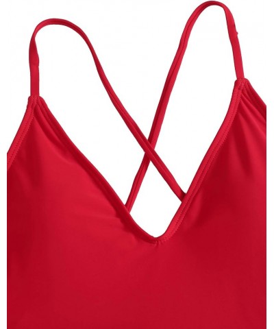 Women's Sexy Bathing Suits Solid Color Criss Cross Open Back One Piece Swimwear Red $12.04 Swimsuits