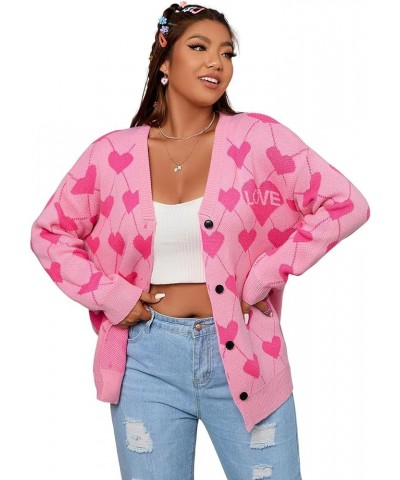 Women's Plus Size Button Down Drop Shoulder Printed Sweater Cardigan Outerwear Pink $16.34 Sweaters