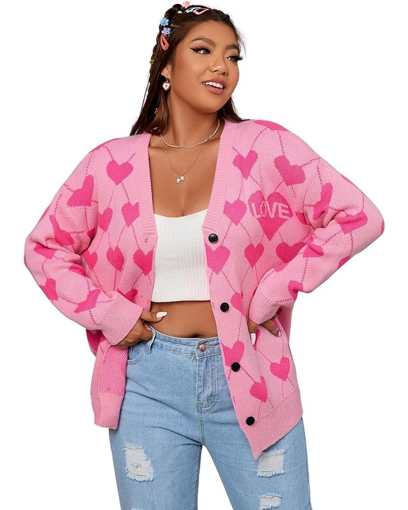 Women's Plus Size Button Down Drop Shoulder Printed Sweater Cardigan Outerwear Pink $16.34 Sweaters