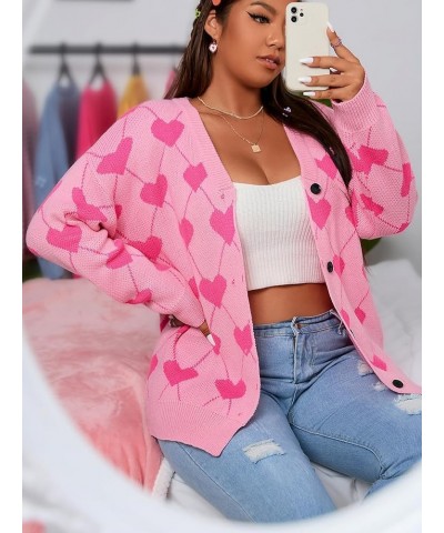 Women's Plus Size Button Down Drop Shoulder Printed Sweater Cardigan Outerwear Pink $16.34 Sweaters