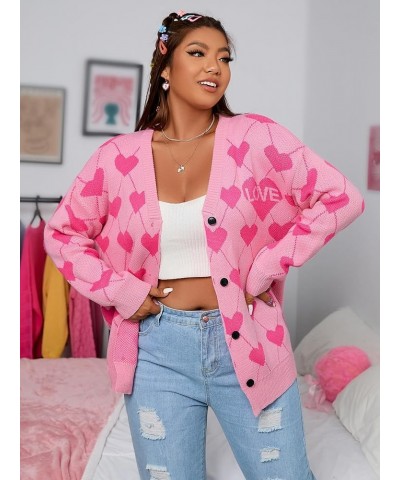 Women's Plus Size Button Down Drop Shoulder Printed Sweater Cardigan Outerwear Pink $16.34 Sweaters