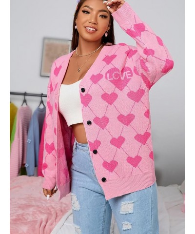 Women's Plus Size Button Down Drop Shoulder Printed Sweater Cardigan Outerwear Pink $16.34 Sweaters