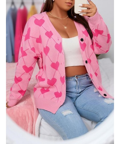 Women's Plus Size Button Down Drop Shoulder Printed Sweater Cardigan Outerwear Pink $16.34 Sweaters